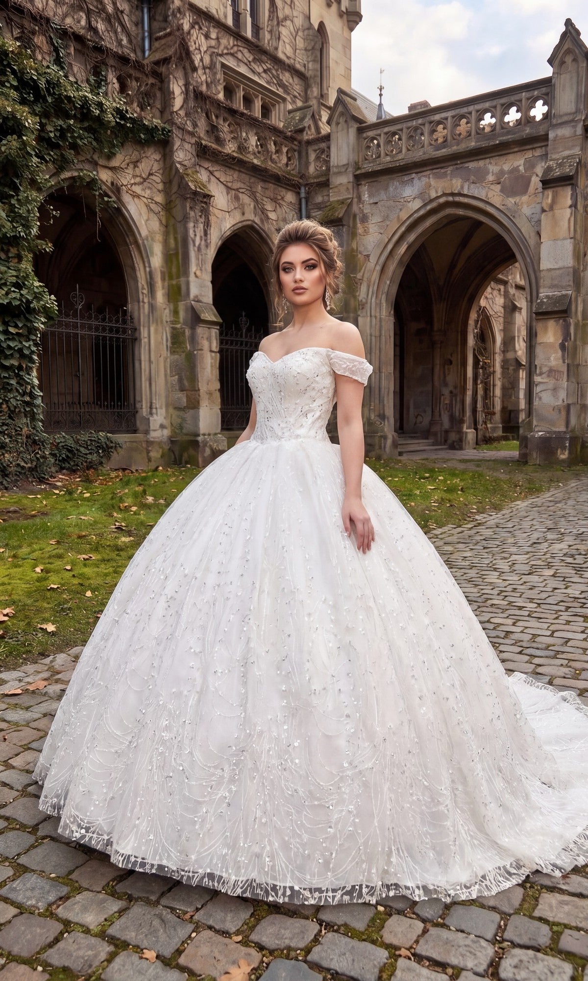A woman in the Quinceanera Dress BT9013 By Chicas, a white off-the-shoulder embellished gown, stands on a cobblestone path outside a historic stone building with arches and trailing ivy.